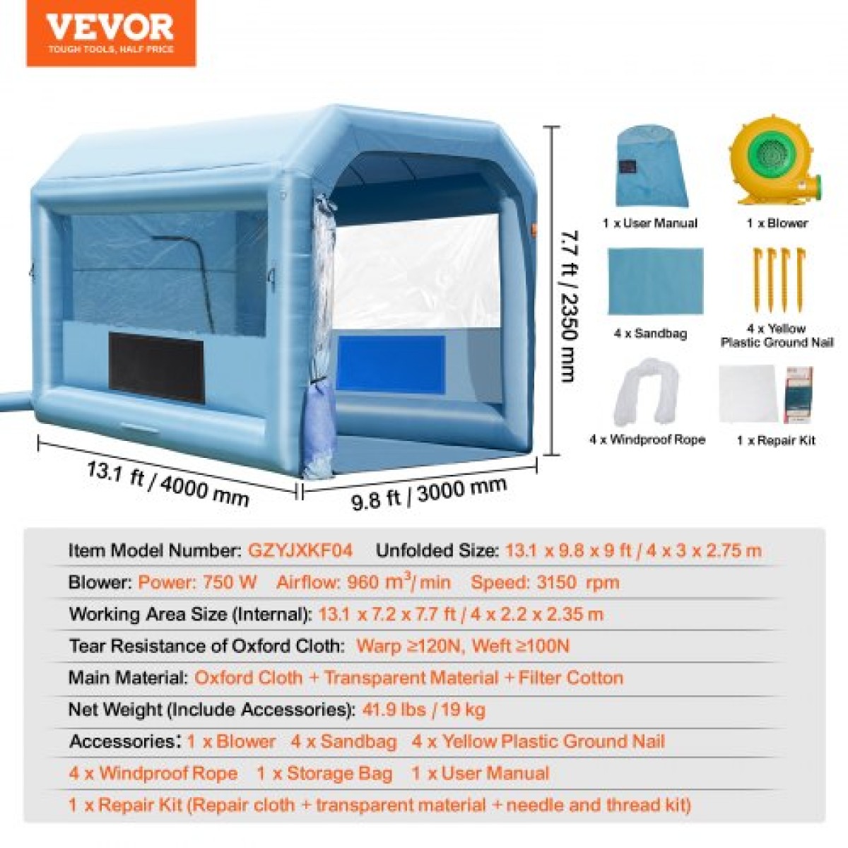 Φουσκωτός θάλαμος βαφής VEVOR, 13,1 x 9,8 x 9 ft/4 x 3 x 2,7 m Φουσκωτός θάλαμος ψεκασμού, με ισχυρό ανεμιστήρα και σύστημα φίλτρου αέρα 750 W, φορητός θάλαμος βαφής αυτοκινήτου για μοτοσικλέτα, ποδήλατο, βαφή ανταλλακτικών αυτοκινήτων