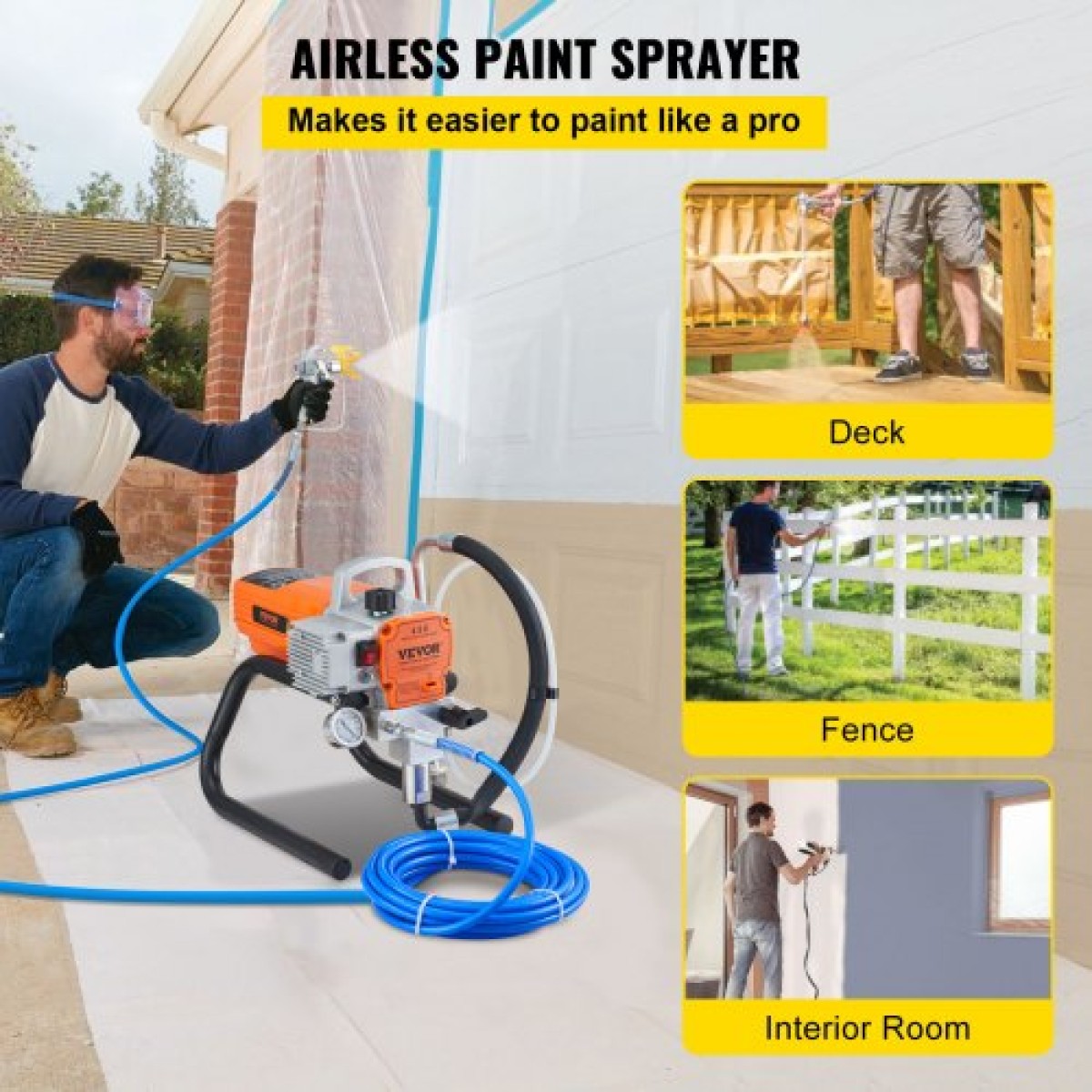 VEVOR Paint Sprayer, 1500W Airless Paint Sprayer, Hose Paint Gun 3000PSI Paint Sprayers for Home for ships, γέφυρες, πύργους, στύλους και άλλες μεγάλες μεταλλικές κατασκευές μεγάλης διάρκειας βιομηχανίας