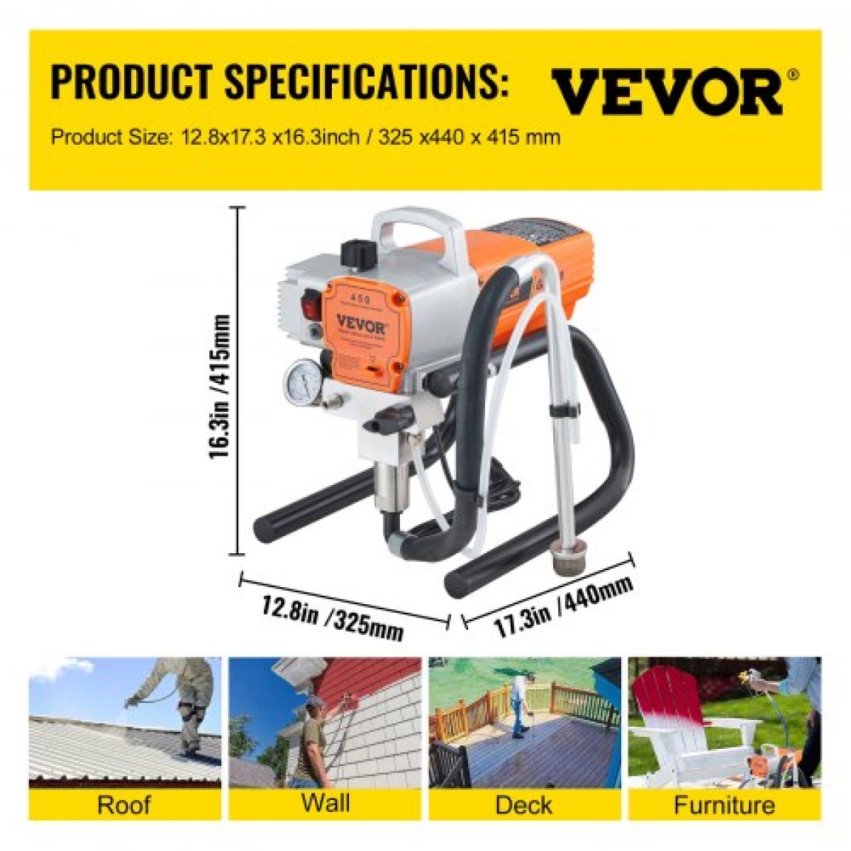 VEVOR Paint Sprayer, 1500W Airless Paint Sprayer, Hose Paint Gun 3000PSI Paint Sprayers for Home for ships, γέφυρες, πύργους, στύλους και άλλες μεγάλες μεταλλικές κατασκευές μεγάλης διάρκειας βιομηχανίας