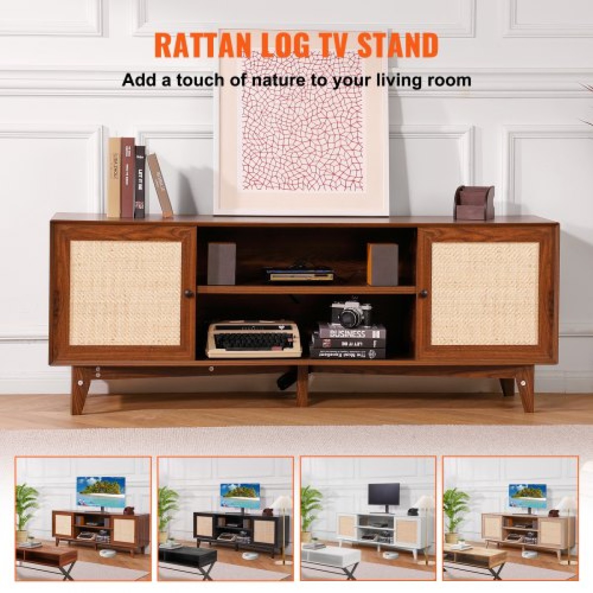 Βάση τηλεόρασης VEVOR Rattan 191 εκ. Τηλεόραση Boho Ντουλάπα TV Ντουλάπι τηλεόρασης Καρυδιά
