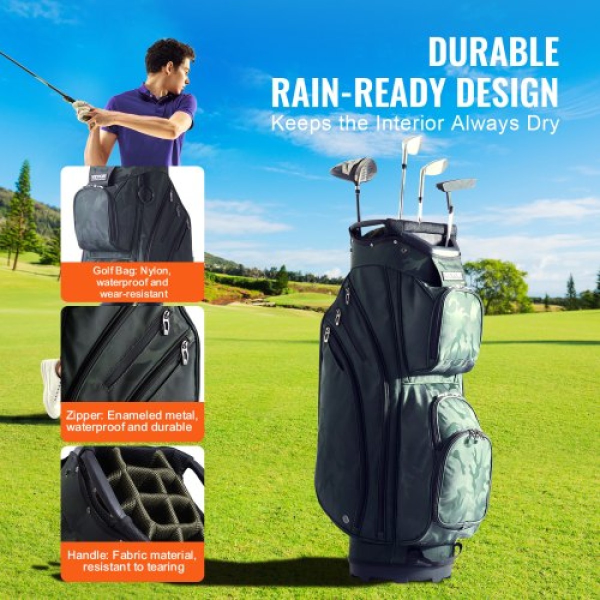Τσάντα VEVOR Golf Cart with 14 Way Organizer Divider Top, Premium Nylon τσάντα 11 τσέπες, ανθεκτικές τσάντες γκολφ με λαβές & κάλυμμα σκόνης & αποσπώμενα λουριά για άνδρες και γυναίκες, Army Green