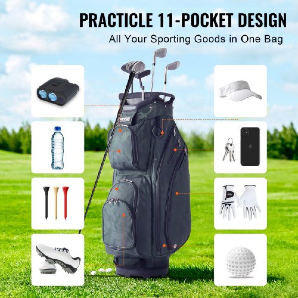 Τσάντα VEVOR Golf Cart with 14 Way Organizer Divider Top, Premium Nylon τσάντα 11 τσέπες, ανθεκτικές τσάντες γκολφ με λαβές & κάλυμμα σκόνης & αποσπώμενα λουριά για άνδρες και γυναίκες, Army Green