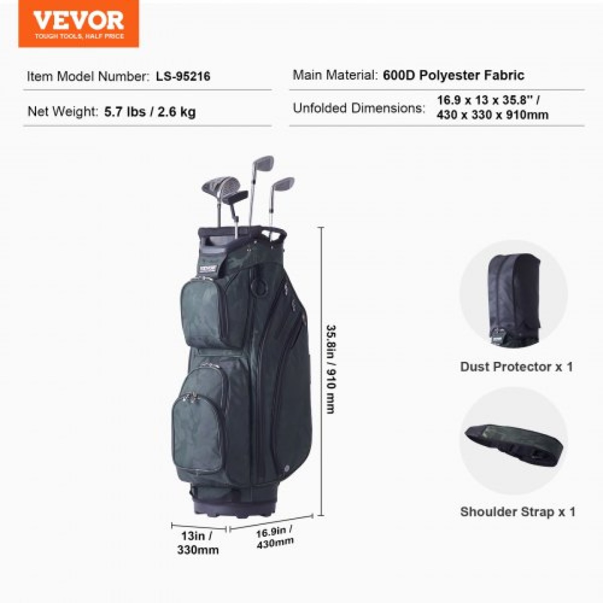 Τσάντα VEVOR Golf Cart with 14 Way Organizer Divider Top, Premium Nylon τσάντα 11 τσέπες, ανθεκτικές τσάντες γκολφ με λαβές & κάλυμμα σκόνης & αποσπώμενα λουριά για άνδρες και γυναίκες, Army Green