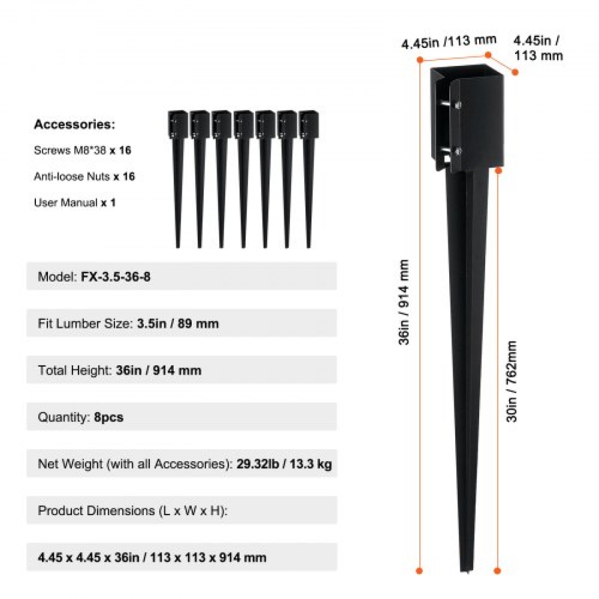 VEVOR Fence Post Anchor Ground Spike, 8 πακέτο 36 x 4 x 4 ίντσες εξωτερική διάμετρος (εσωτερική διάμετρος 3,5 x 3,5 ίντσες), μεταλλική μαύρη σκόνη με επίστρωση πάσσαλου, για κιγκλίδωμα κήπου κατάστρωμα γραμματοκιβωτίου