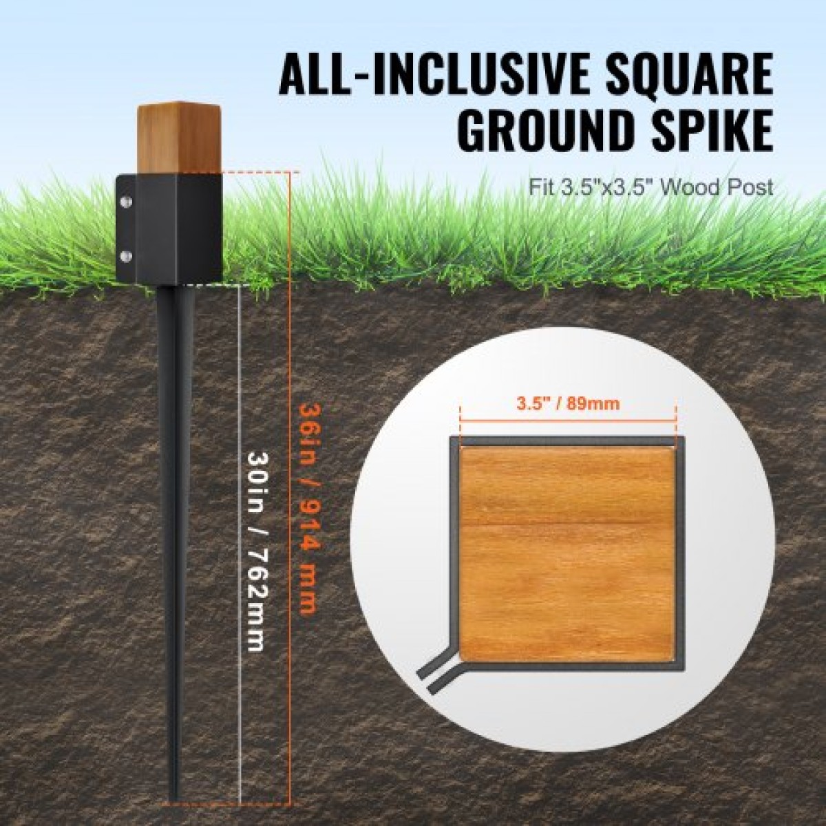 VEVOR Fence Post Anchor Ground Spike, 8 πακέτο 36 x 4 x 4 ίντσες εξωτερική διάμετρος (εσωτερική διάμετρος 3,5 x 3,5 ίντσες), μεταλλική μαύρη σκόνη με επίστρωση πάσσαλου, για κιγκλίδωμα κήπου κατάστρωμα γραμματοκιβωτίου