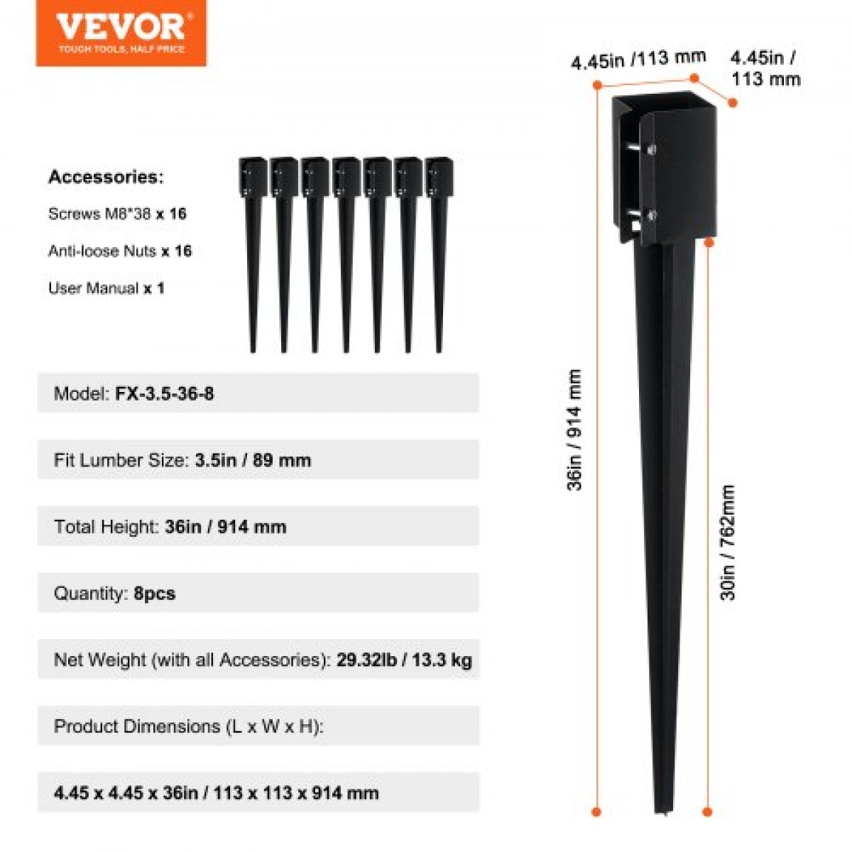 VEVOR Fence Post Anchor Ground Spike, 8 πακέτο 36 x 4 x 4 ίντσες εξωτερική διάμετρος (εσωτερική διάμετρος 3,5 x 3,5 ίντσες), μεταλλική μαύρη σκόνη με επίστρωση πάσσαλου, για κιγκλίδωμα κήπου κατάστρωμα γραμματοκιβωτίου