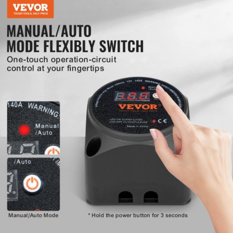 VEVOR Dual Battery Isolator Kit, 12V 140Amp, χειροκίνητες και αυτόματες λειτουργίες VSR Voltage Sensitive Relay με οθόνη LCD, Smart Battery Isolator for ATV UTV RV Camper Off-Road Vehicle Caravan Truck Boat Yacht
