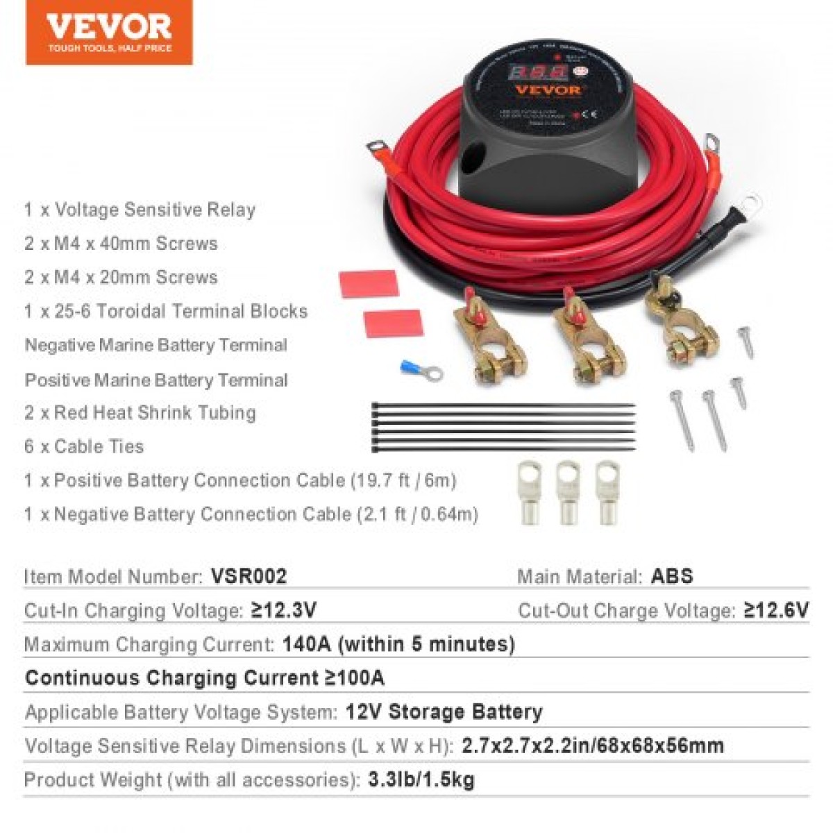 VEVOR Dual Battery Isolator Kit, 12V 140Amp, χειροκίνητες και αυτόματες λειτουργίες VSR Voltage Sensitive Relay με οθόνη LCD, Smart Battery Isolator for ATV UTV RV Camper Off-Road Vehicle Caravan Truck Boat Yacht