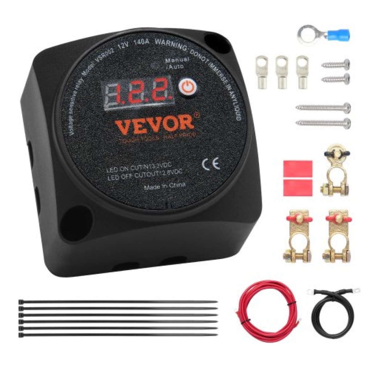 VEVOR Dual Battery Isolator Kit, 12V 140Amp, χειροκίνητες και αυτόματες λειτουργίες VSR Voltage Sensitive Relay με οθόνη LCD, Smart Battery Isolator for ATV UTV RV Camper Off-Road Vehicle Caravan Truck Boat Yacht