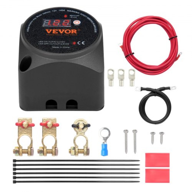 VEVOR Dual Battery Isolator Kit, 12V 140Amp, χειροκίνητες και αυτόματες λειτουργίες VSR Voltage Sensitive Relay με οθόνη LCD, Smart Battery Isolator for ATV UTV RV Camper Off-Road Vehicle Caravan Truck Boat Yacht