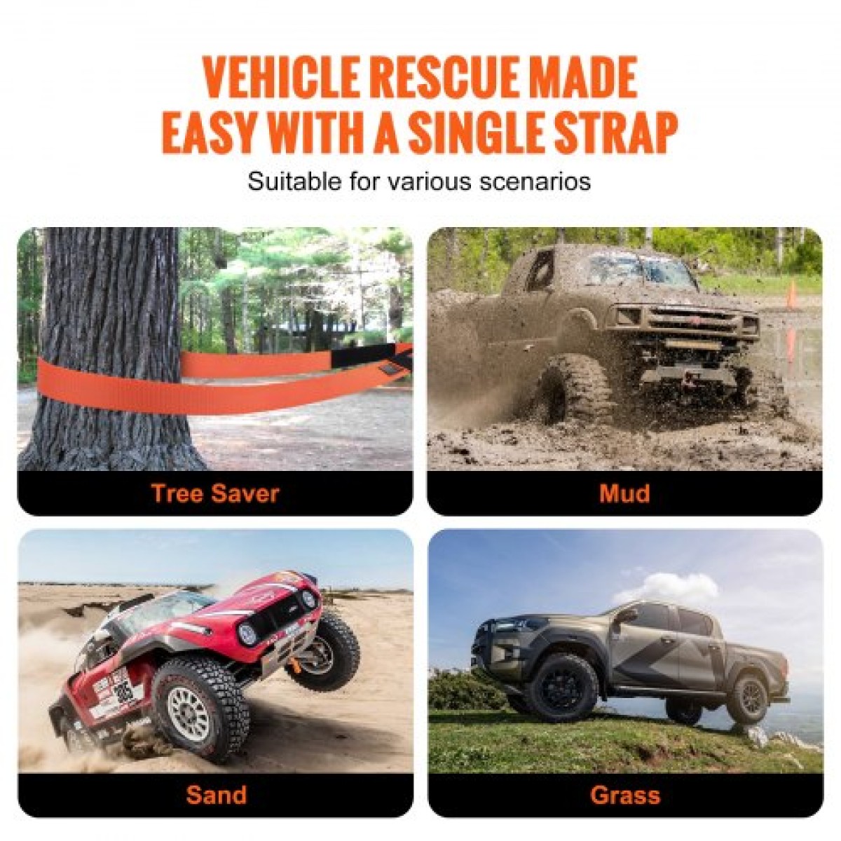 VEVOR Heavy Duty Tow Strap Recovery Kit 3" x 30 ft (MBS-36.000 lbs) Ιμάντας για βαρούλκο Tree Saver, Τριπλός ενισχυμένος βρόχος & προστατευτικά μανίκια & τσάντα αποθήκευσης, δεσμίδες D-Ring 3/4", για Truck Jeep SUV ATV