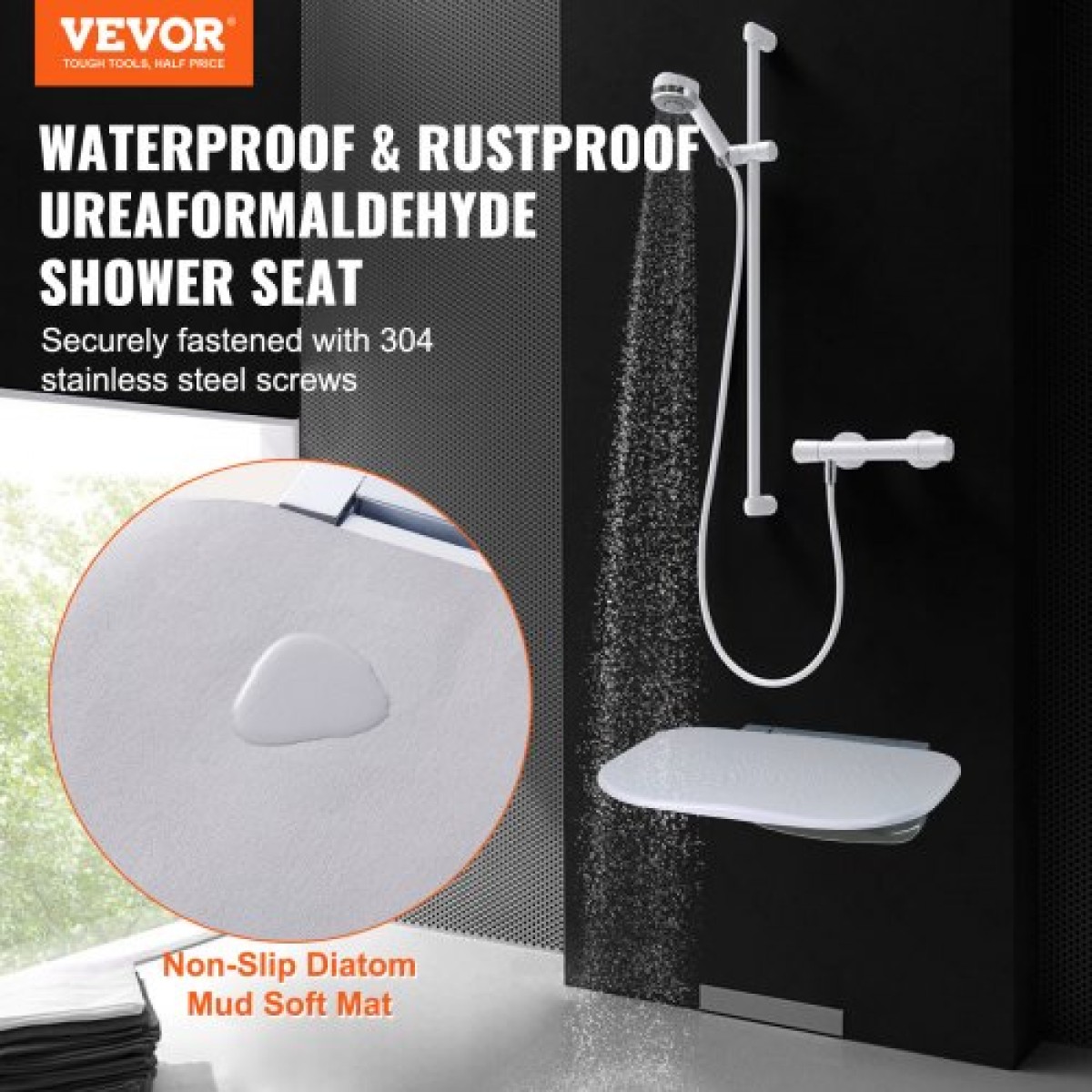 VEVOR Πτυσσόμενο κάθισμα ντους 13,6"/34,5 cm x 12,8"/32,5 cm Επιτοίχιος πάγκος ντους 450 lbs/204,1 kg