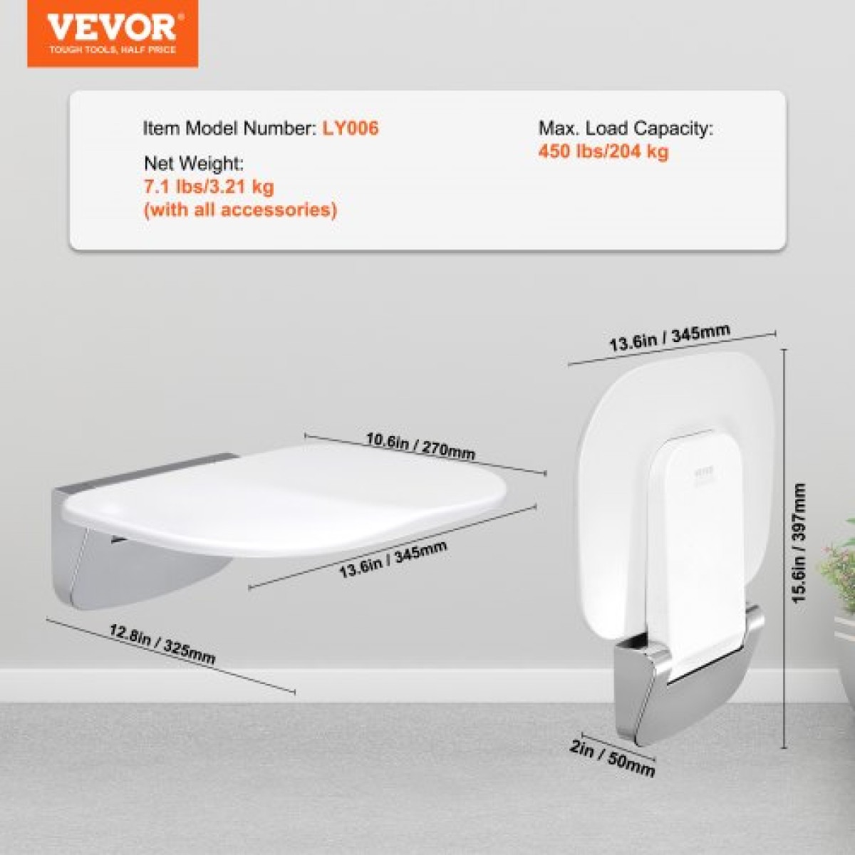 VEVOR Πτυσσόμενο κάθισμα ντους 13,6"/34,5 cm x 12,8"/32,5 cm Επιτοίχιος πάγκος ντους 450 lbs/204,1 kg