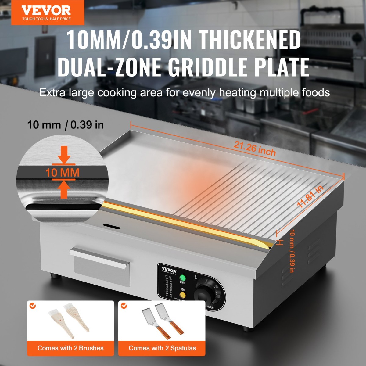 Εμπορική ηλεκτρική σχάρα VEVOR, 535 x 300 mm, 3200W, ρυθμιζόμενος έλεγχος θερμοκρασίας 50-300°C, σώμα από ανοξείδωτο ατσάλι, μισό αυλακωτό, μισό επίπεδο, με 2 σπάτουλες, 2 βούρτσες και 4 μαξιλαράκια ποδιών, για μπριζόλα, τηγανίτα