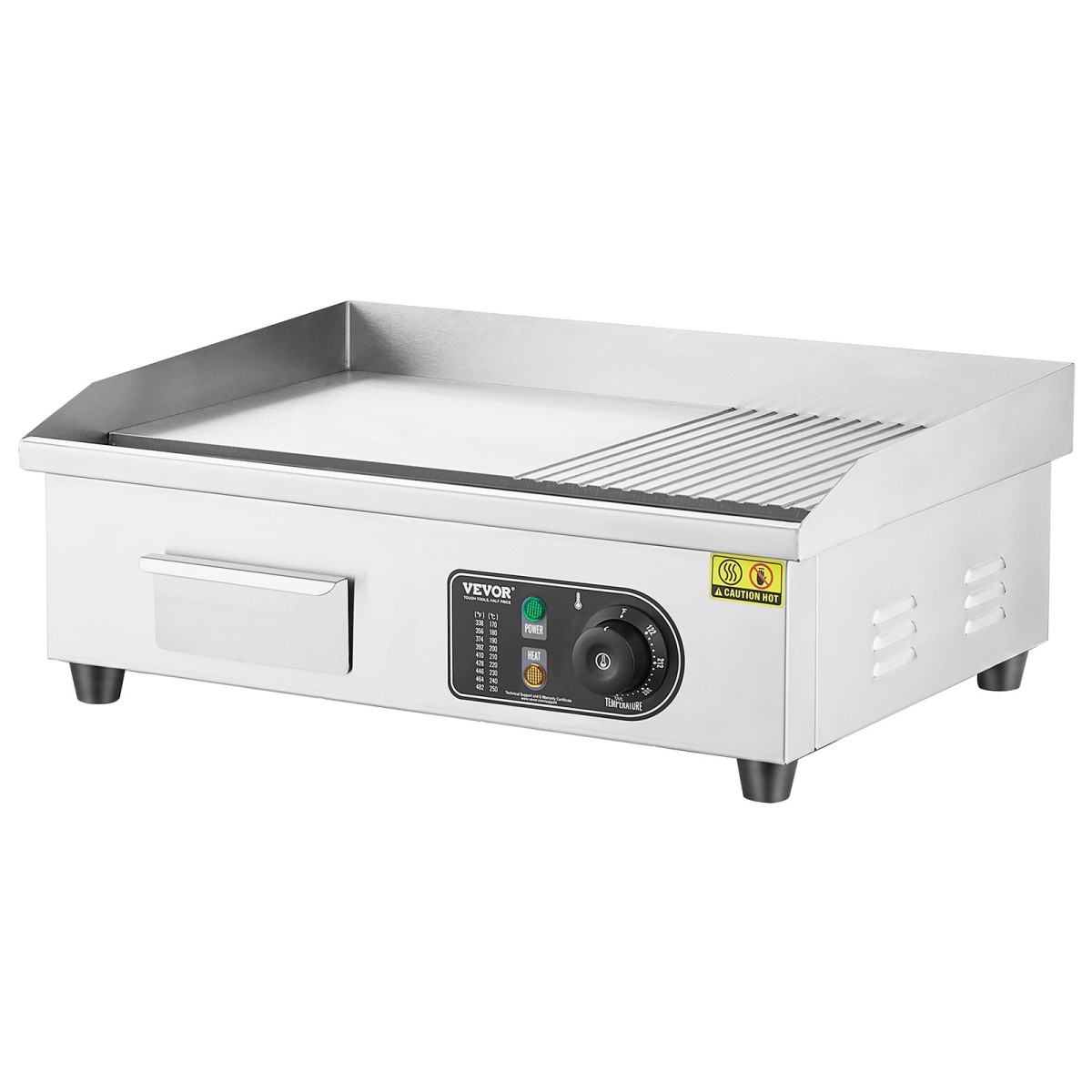 Εμπορική ηλεκτρική σχάρα VEVOR, 535 x 300 mm, 3200W, ρυθμιζόμενος έλεγχος θερμοκρασίας 50-300°C, σώμα από ανοξείδωτο ατσάλι, μισό αυλακωτό, μισό επίπεδο, με 2 σπάτουλες, 2 βούρτσες και 4 μαξιλαράκια ποδιών, για μπριζόλα, τηγανίτα