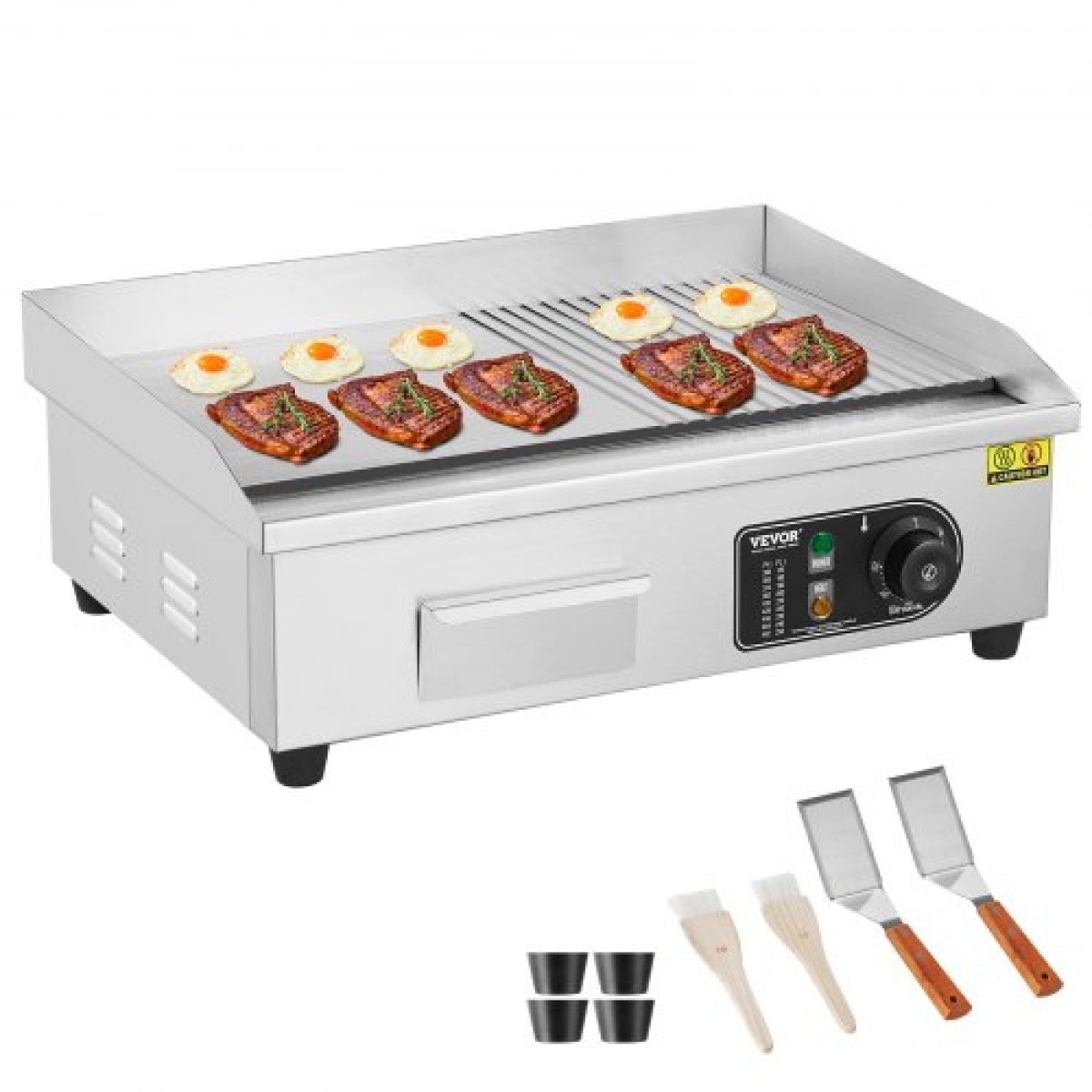 Εμπορική ηλεκτρική σχάρα VEVOR, 535 x 300 mm, 3200W, ρυθμιζόμενος έλεγχος θερμοκρασίας 50-300°C, σώμα από ανοξείδωτο ατσάλι, μισό αυλακωτό, μισό επίπεδο, με 2 σπάτουλες, 2 βούρτσες και 4 μαξιλαράκια ποδιών, για μπριζόλα, τηγανίτα