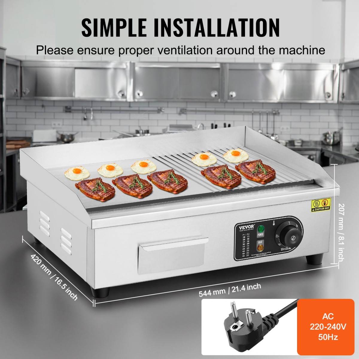 Εμπορική ηλεκτρική σχάρα VEVOR, 535 x 300 mm, 3200W, ρυθμιζόμενος έλεγχος θερμοκρασίας 50-300°C, σώμα από ανοξείδωτο ατσάλι, μισό αυλακωτό, μισό επίπεδο, με 2 σπάτουλες, 2 βούρτσες και 4 μαξιλαράκια ποδιών, για μπριζόλα, τηγανίτα