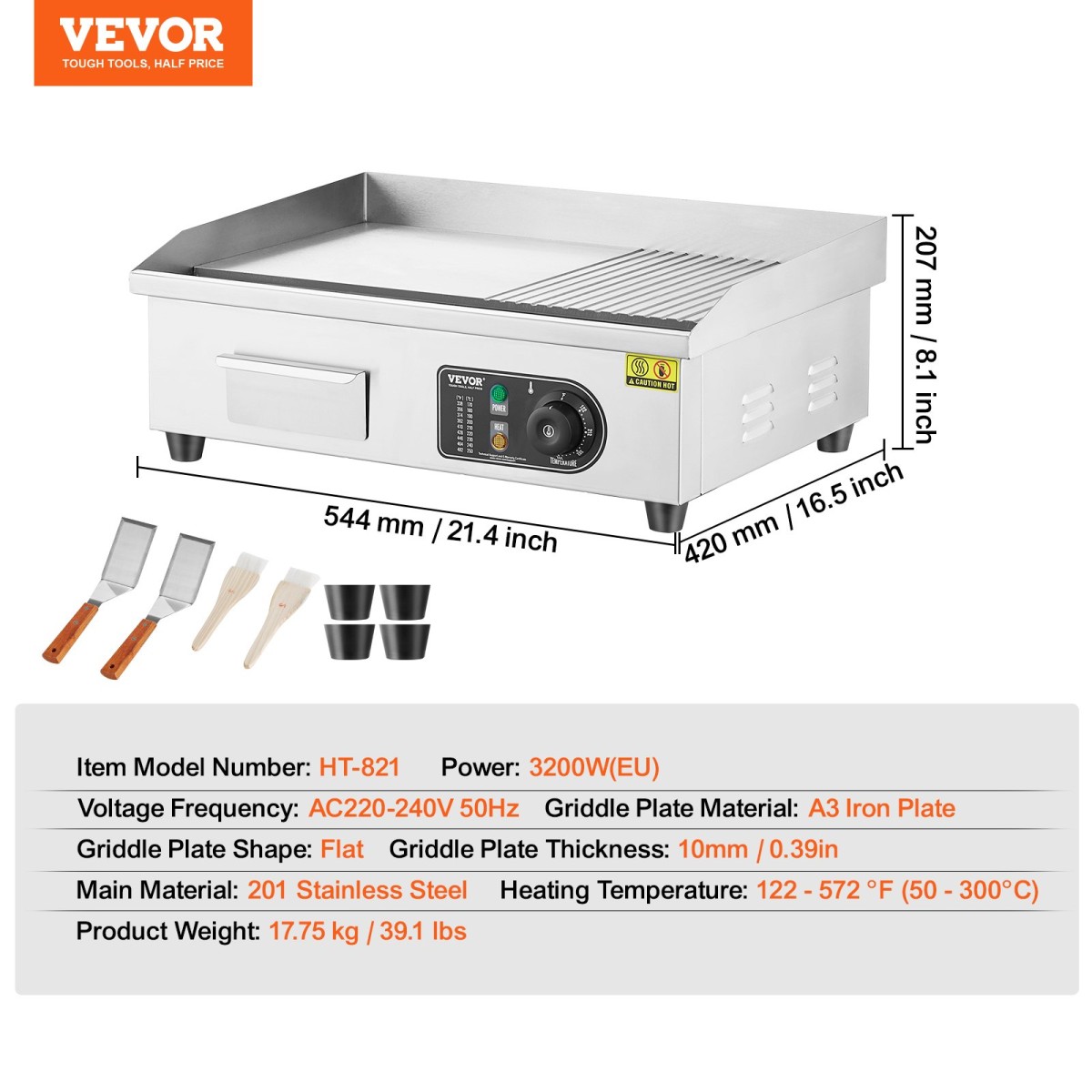 Εμπορική ηλεκτρική σχάρα VEVOR, 535 x 300 mm, 3200W, ρυθμιζόμενος έλεγχος θερμοκρασίας 50-300°C, σώμα από ανοξείδωτο ατσάλι, μισό αυλακωτό, μισό επίπεδο, με 2 σπάτουλες, 2 βούρτσες και 4 μαξιλαράκια ποδιών, για μπριζόλα, τηγανίτα