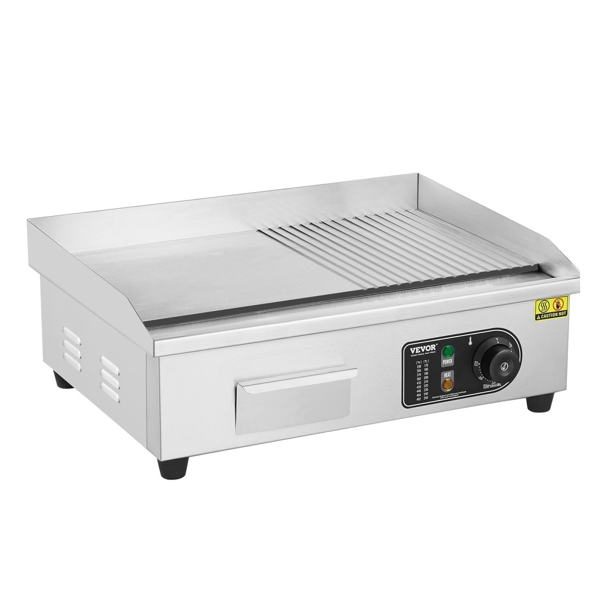 Εμπορική ηλεκτρική σχάρα VEVOR, 535 x 300 mm, 3200W, ρυθμιζόμενος έλεγχος θερμοκρασίας 50-300°C, σώμα από ανοξείδωτο ατσάλι, μισό αυλακωτό, μισό επίπεδο, με 2 σπάτουλες, 2 βούρτσες και 4 μαξιλαράκια ποδιών, για μπριζόλα, τηγανίτα