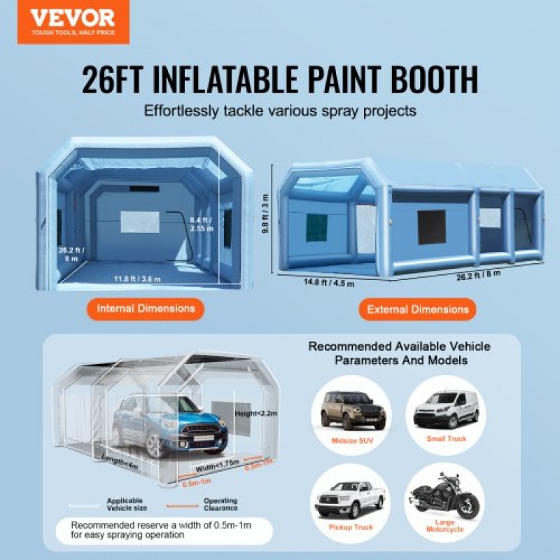 Φουσκωτός θάλαμος βαφής VEVOR, 26,2 x 14,8 x 9,8 ft/8 x 4,5 x 3 m Φουσκωτός θάλαμος ψεκασμού, με ισχυρούς φυσητήρες 950W+750W και σύστημα φίλτρου αέρα, φορητός θάλαμος βαφής αυτοκινήτου για μικρό φορτηγό, μεγάλη μοτοσικλέτα, μεσαίο SUV