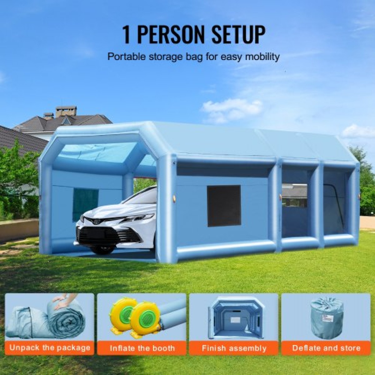 Φουσκωτός θάλαμος βαφής VEVOR, 26,2 x 14,8 x 9,8 ft/8 x 4,5 x 3 m Φουσκωτός θάλαμος ψεκασμού, με ισχυρούς φυσητήρες 950W+750W και σύστημα φίλτρου αέρα, φορητός θάλαμος βαφής αυτοκινήτου για μικρό φορτηγό, μεγάλη μοτοσικλέτα, μεσαίο SUV