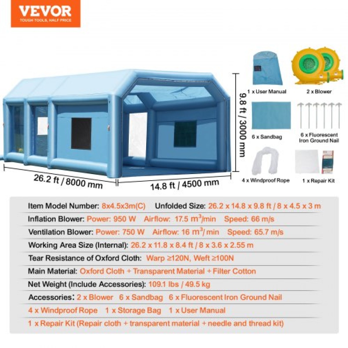Φουσκωτός θάλαμος βαφής VEVOR, 26,2 x 14,8 x 9,8 ft/8 x 4,5 x 3 m Φουσκωτός θάλαμος ψεκασμού, με ισχυρούς φυσητήρες 950W+750W και σύστημα φίλτρου αέρα, φορητός θάλαμος βαφής αυτοκινήτου για μικρό φορτηγό, μεγάλη μοτοσικλέτα, μεσαίο SUV