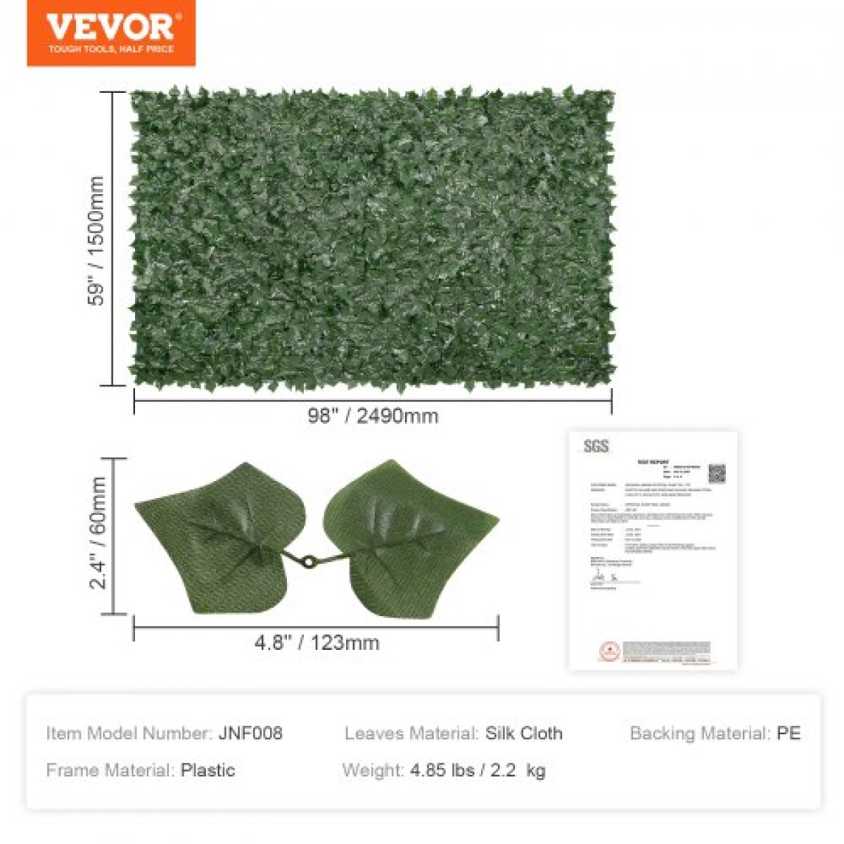 VEVOR Ivy Privacy Fence, Τεχνητή πράσινη οθόνη τοίχου 1,5 x 2,5 m, Greenery Ivy Fence με διχτυωτό πανί και ενισχυμένη άρθρωση, Faux Hedges Διακόσμηση αμπελόφυλλων για εξωτερικό κήπο, αυλή, μπαλκόνι