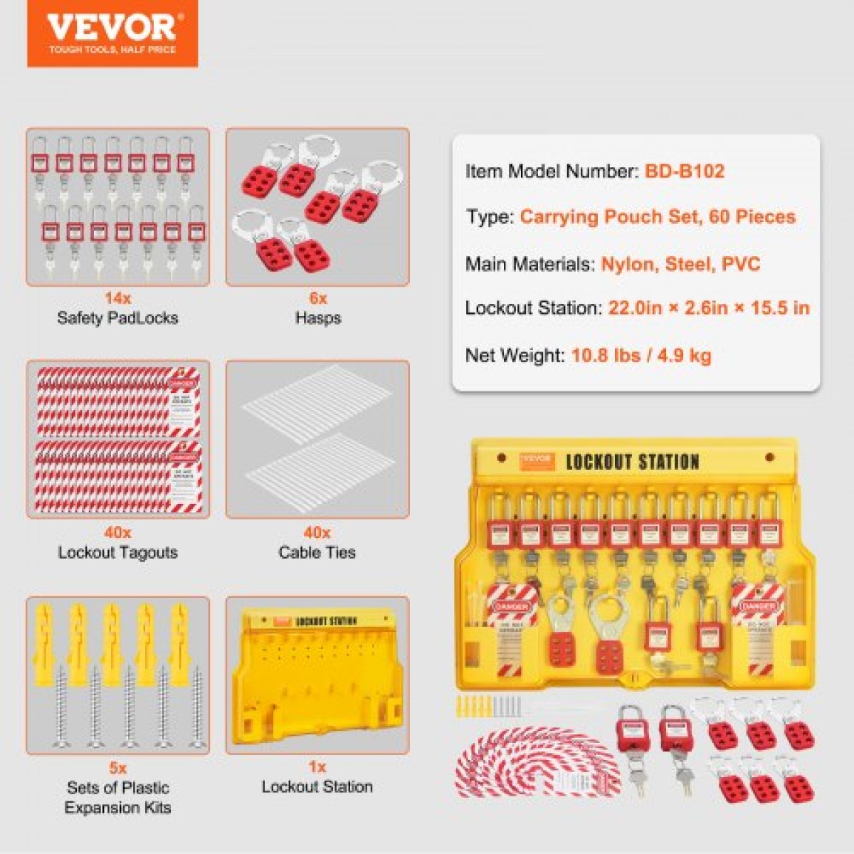 VEVOR Electrical Lockout Tagout Kit, 60 PCS Safety Lockout Tagout Station Περιλαμβάνει λουκέτα, Hasps, Tags, Nylon Ties, Expansion Kit και Lockout Station Board, για βιομηχανική, ηλεκτρική ενέργεια