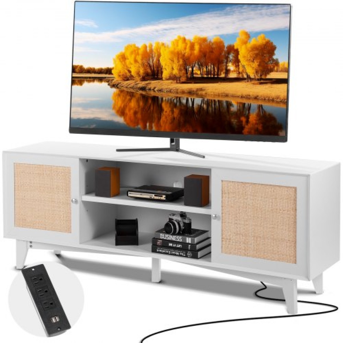 Βάση τηλεόρασης VEVOR Rattan 191cm Ντουλάπι τηλεόρασης Boho Ντουλάπι τηλεόρασης Λευκό