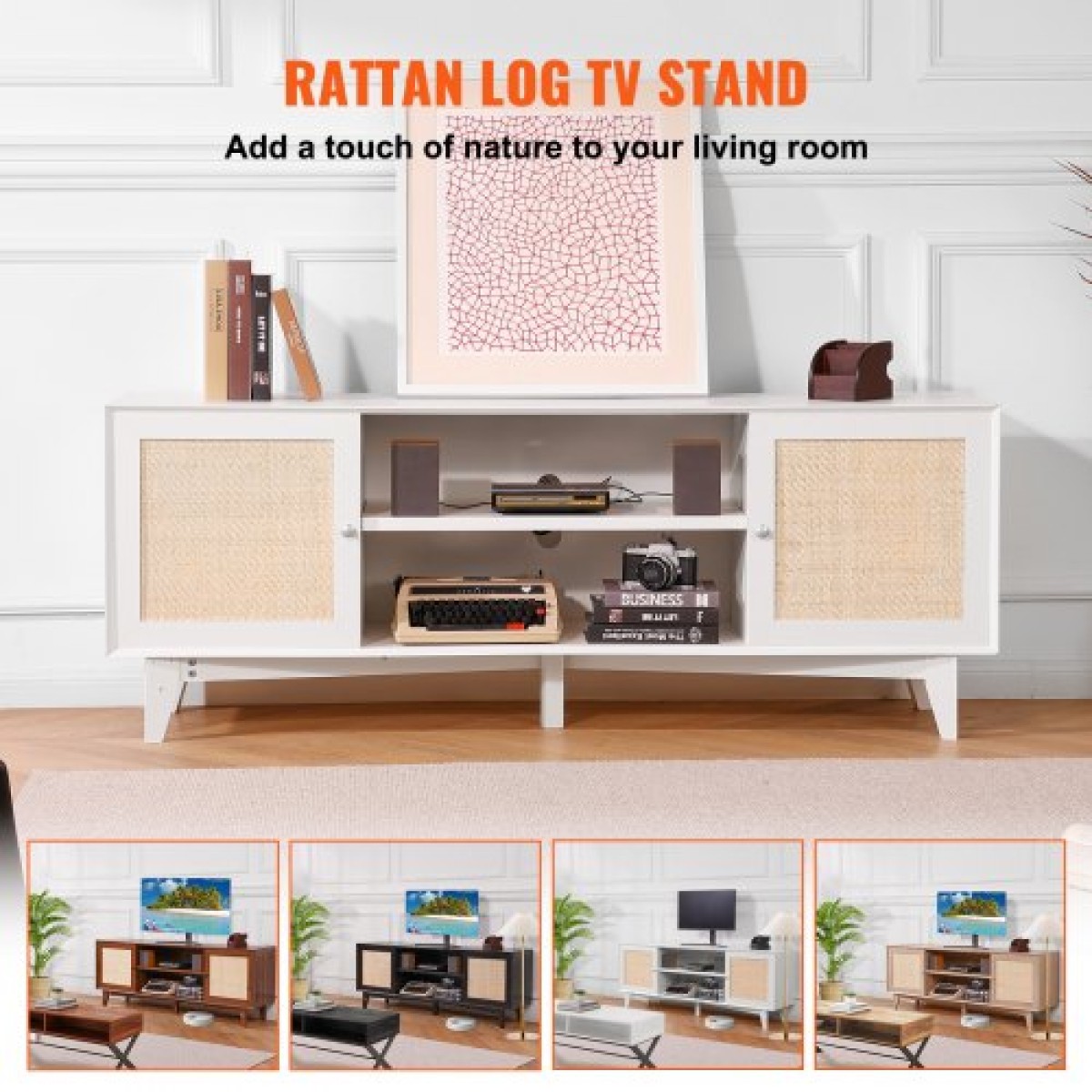 Βάση τηλεόρασης VEVOR Rattan 191cm Ντουλάπι τηλεόρασης Boho Ντουλάπι τηλεόρασης Λευκό