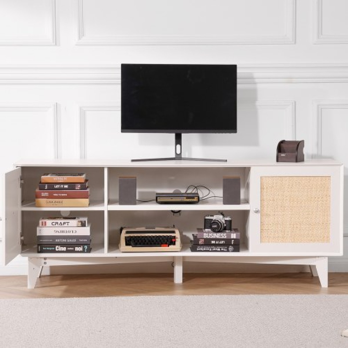 Βάση τηλεόρασης VEVOR Rattan 191cm Ντουλάπι τηλεόρασης Boho Ντουλάπι τηλεόρασης Λευκό