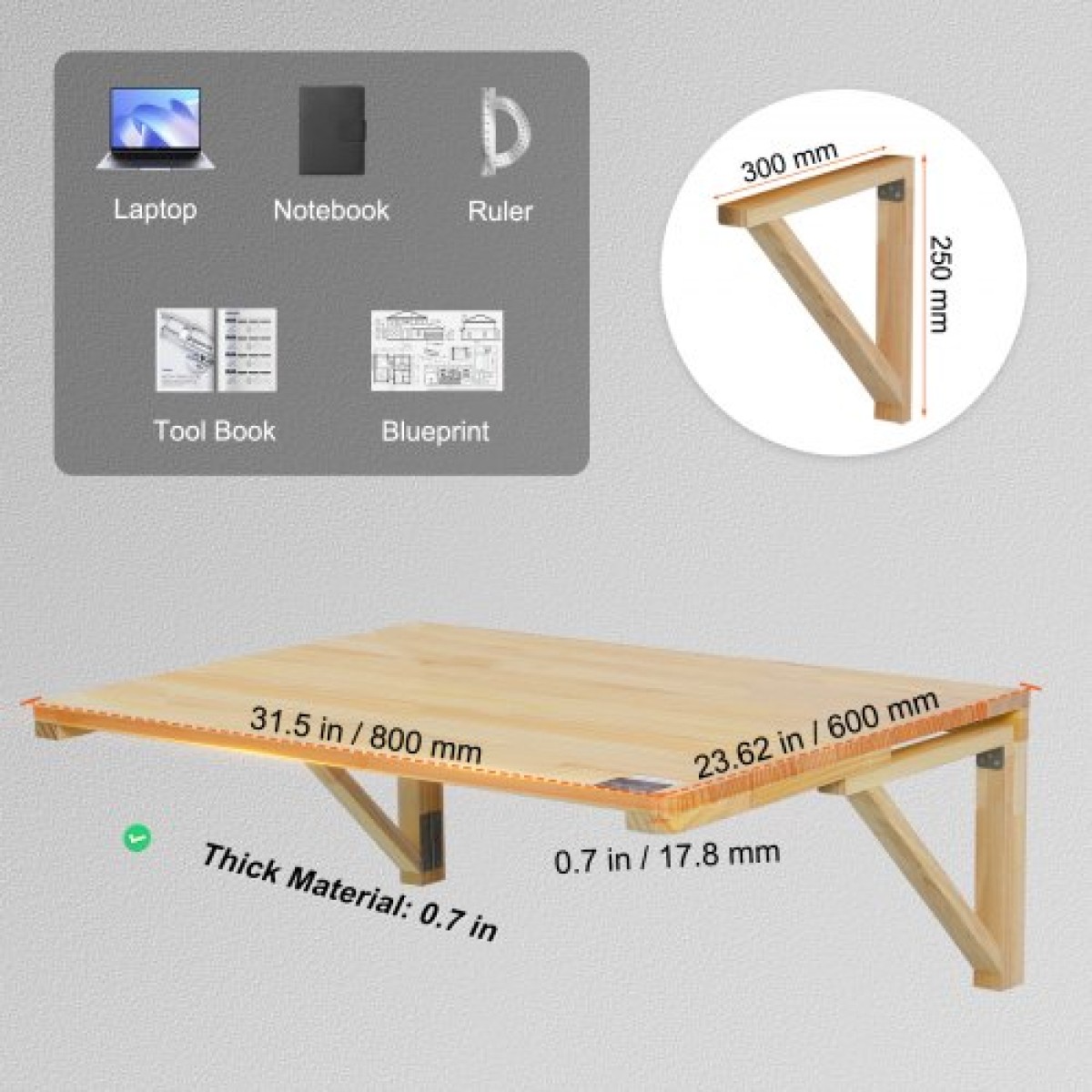 VEVOR Επιτοίχιο Πτυσσόμενο Τραπέζι, 31,5" x 23,62" Επιτοίχιο Πτυσσόμενο Τραπέζι, Ξύλινο Επιπλωτό Γραφείο με Σιδερένιο Στήριγμα, Πτυσσόμενο Γραφείο για Μικρούς Χώρους, Γραφείο σπιτιού, Τραπεζαρία, Πλυντήριο ρούχων, Κουζίνα, Μπαρ