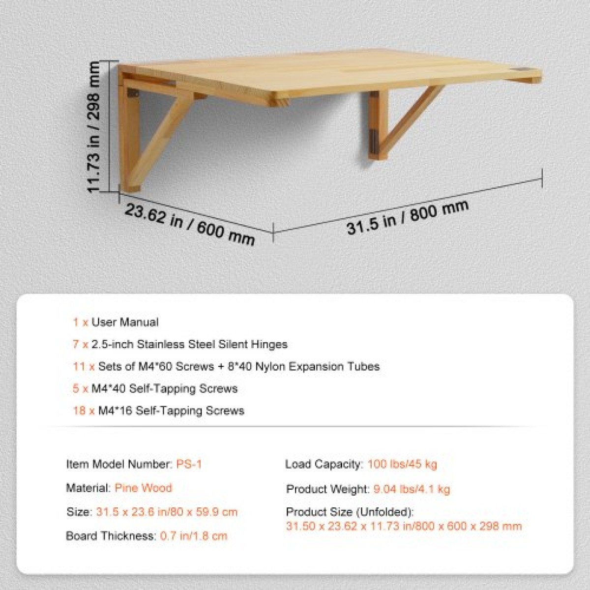 VEVOR Επιτοίχιο Πτυσσόμενο Τραπέζι, 31,5" x 23,62" Επιτοίχιο Πτυσσόμενο Τραπέζι, Ξύλινο Επιπλωτό Γραφείο με Σιδερένιο Στήριγμα, Πτυσσόμενο Γραφείο για Μικρούς Χώρους, Γραφείο σπιτιού, Τραπεζαρία, Πλυντήριο ρούχων, Κουζίνα, Μπαρ