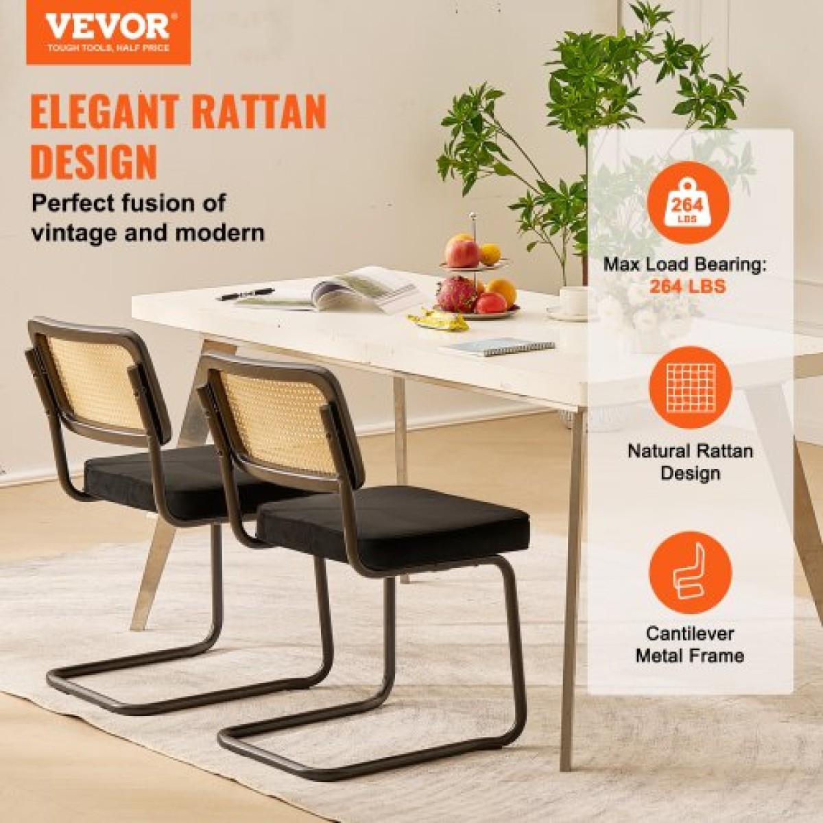 Καρέκλες VEVOR Rattan, Σετ 2, Μοντέρνα Καρέκλα Τραπεζαρίας Mid Century, Επενδυμένη βελούδινη καρέκλα τόνου με πλάτη Rattan, Ρετρό Καρέκλα Τραπεζαρίας Κουζίνας για Σαλόνι, Υπνοδωμάτιο, Αναγνωστήριο, Γραφείο, Μαύρο