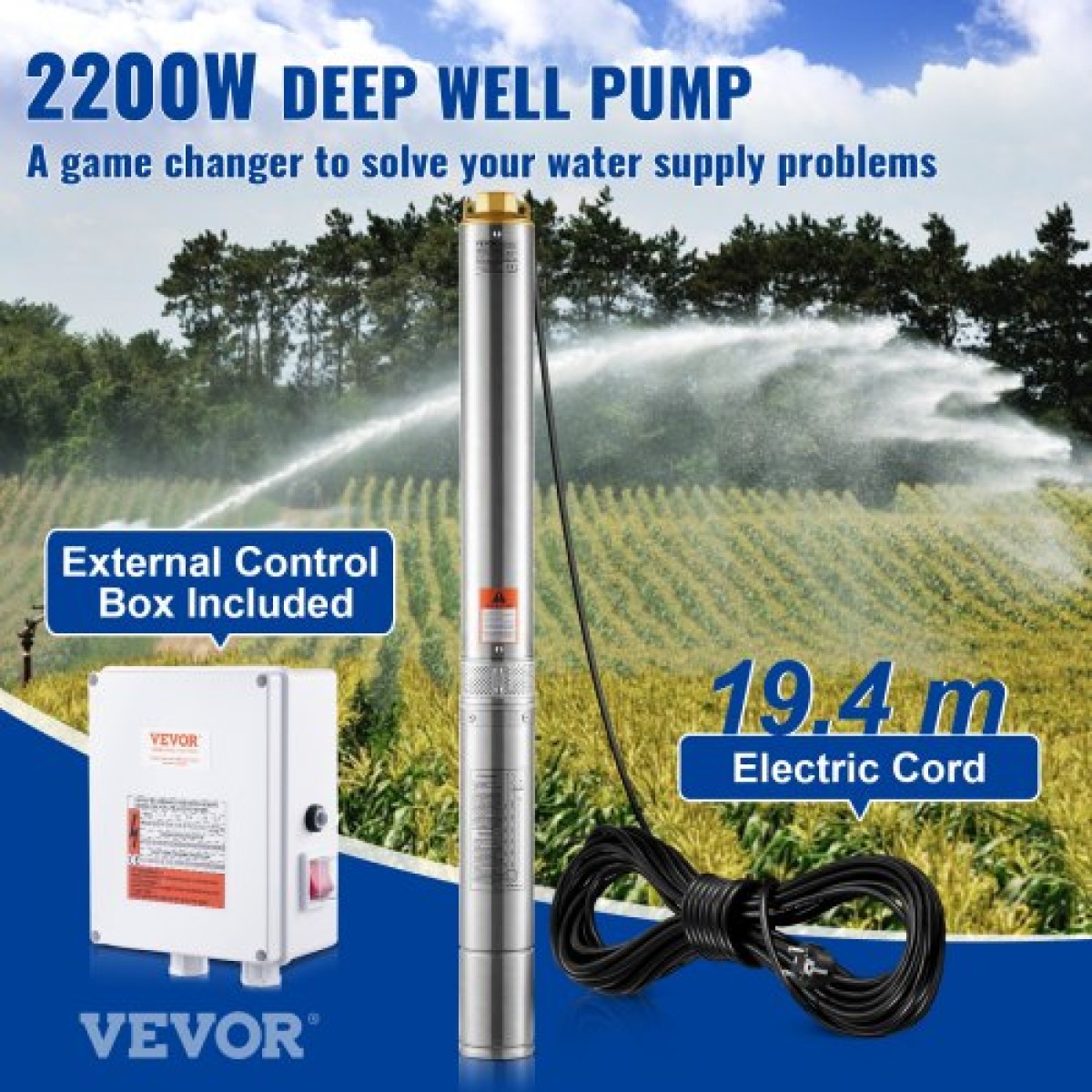 Υποβρύχια αντλία VEVOR Deep Well, 2200W 230V, 9,8 m³/h Ροή 144 m Κεφαλή, με καλώδιο 19,4 m & εξωτερικό κιβώτιο ελέγχου, Αντλίες νερού από ανοξείδωτο χάλυβα για βιομηχανική άρδευση και οικιακή χρήση, IP68 αδιάβροχο