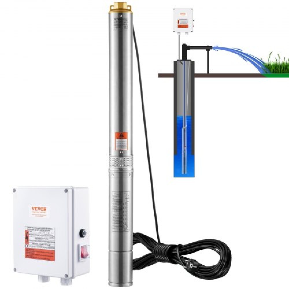 Υποβρύχια αντλία VEVOR Deep Well, 2200W 230V, 9,8 m³/h Ροή 144 m Κεφαλή, με καλώδιο 19,4 m & εξωτερικό κιβώτιο ελέγχου, Αντλίες νερού από ανοξείδωτο χάλυβα για βιομηχανική άρδευση και οικιακή χρήση, IP68 αδιάβροχο