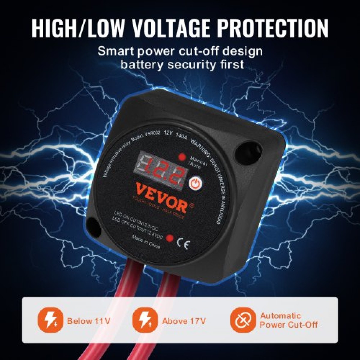 VEVOR Dual Battery Isolator Kit, 12V 140Amp, χειροκίνητες και αυτόματες λειτουργίες VSR Voltage Sensitive Relay με οθόνη LCD, Smart Battery Isolator for ATV UTV RV Camper Off-Road Vehicle Caravan Truck Boat Yacht