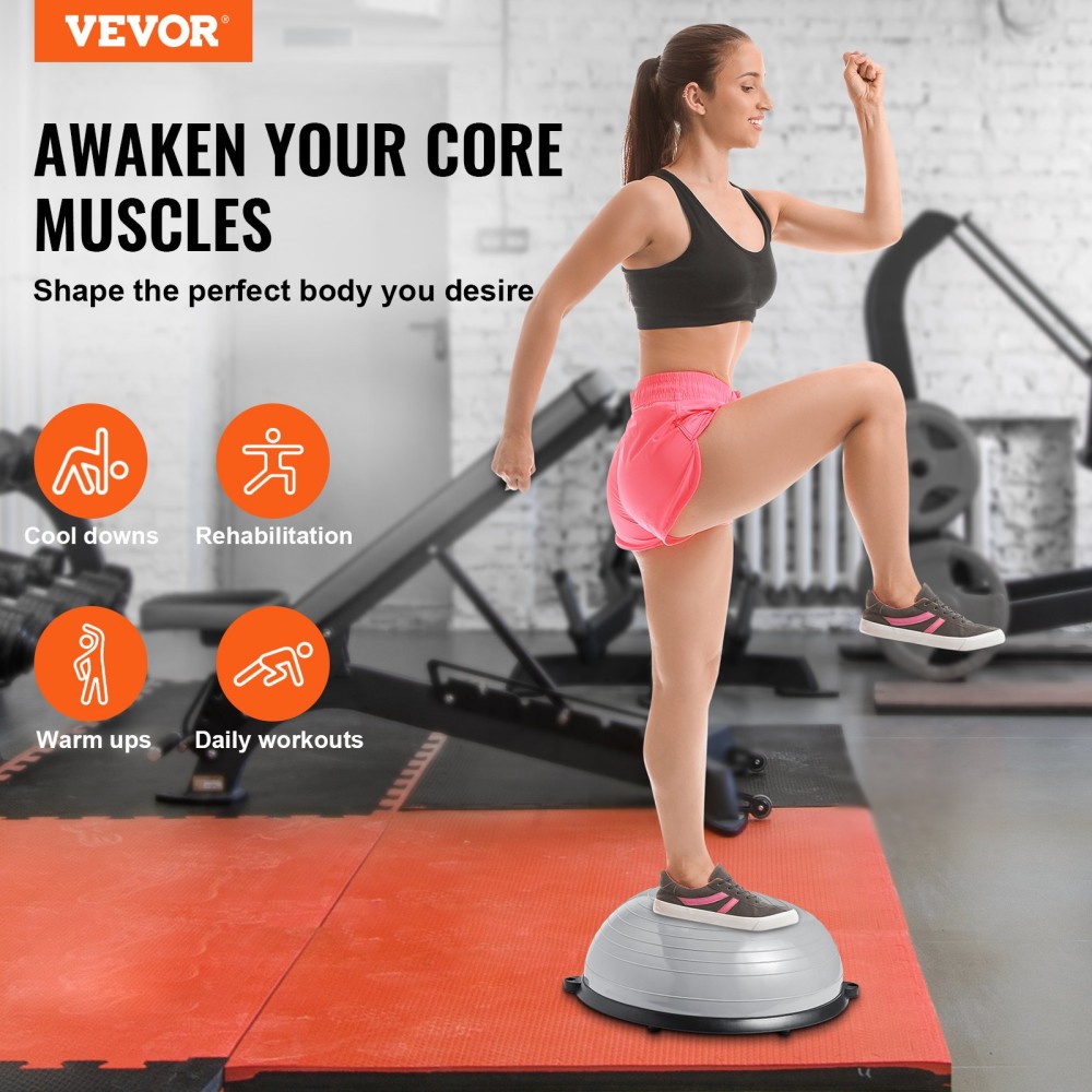VEVOR Half Exercise Ball Trainer, 23 ιντσών Balance Ball Trainer, 660lbs Capacity Stability Ball, Yoga Ball with Resistance Bands & Foot Pump, Strength Fitness Ball for Home Gym, Full Body Workout, Γκρι
