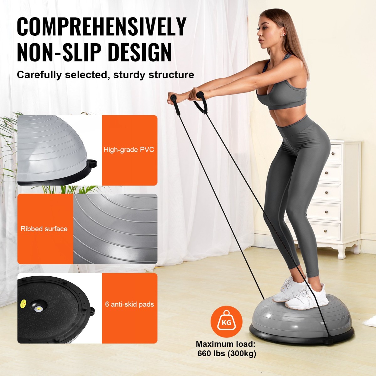 VEVOR Half Exercise Ball Trainer, 23 ιντσών Balance Ball Trainer, 660lbs Capacity Stability Ball, Yoga Ball with Resistance Bands & Foot Pump, Strength Fitness Ball for Home Gym, Full Body Workout, Γκρι