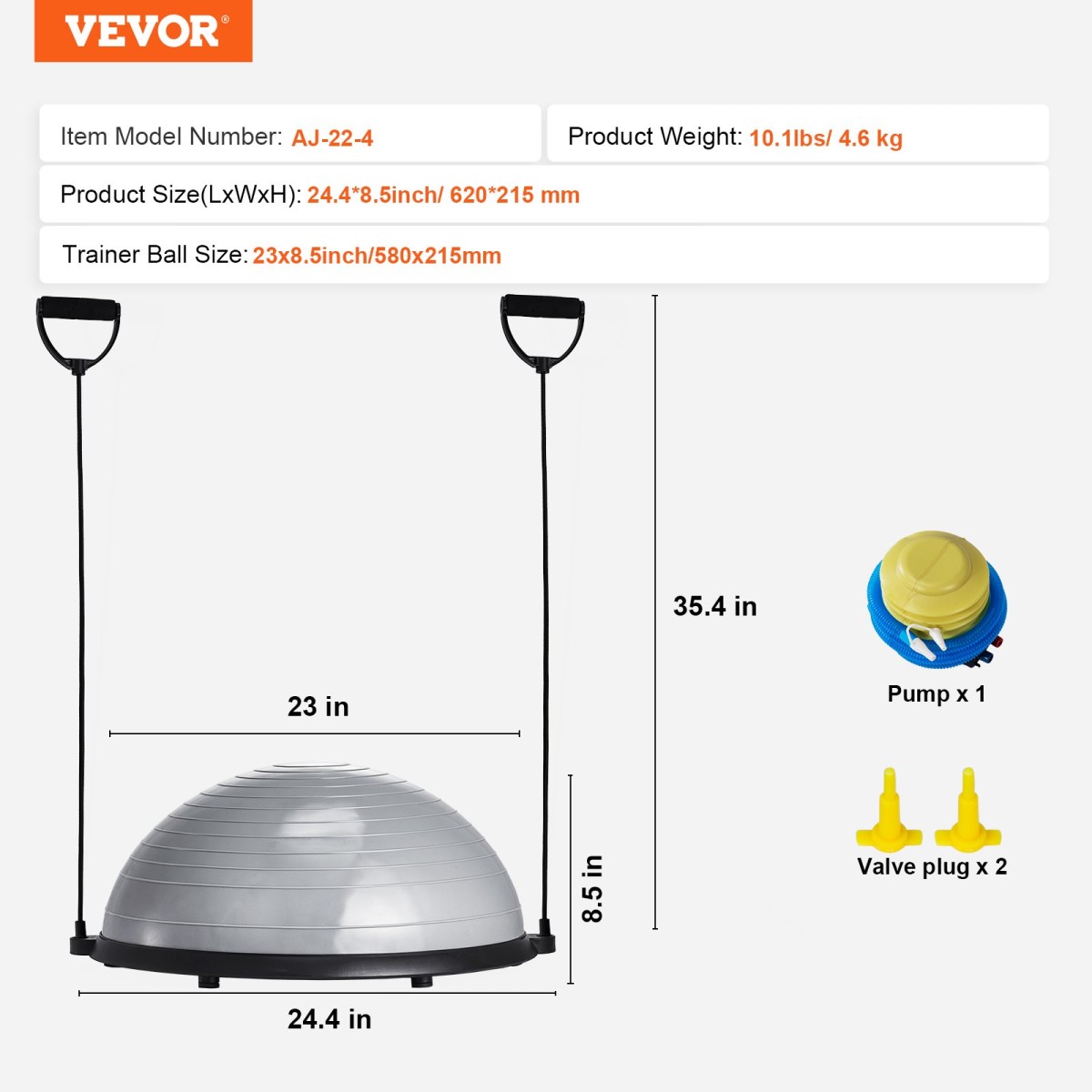 VEVOR Half Exercise Ball Trainer, 23 ιντσών Balance Ball Trainer, 660lbs Capacity Stability Ball, Yoga Ball with Resistance Bands & Foot Pump, Strength Fitness Ball for Home Gym, Full Body Workout, Γκρι