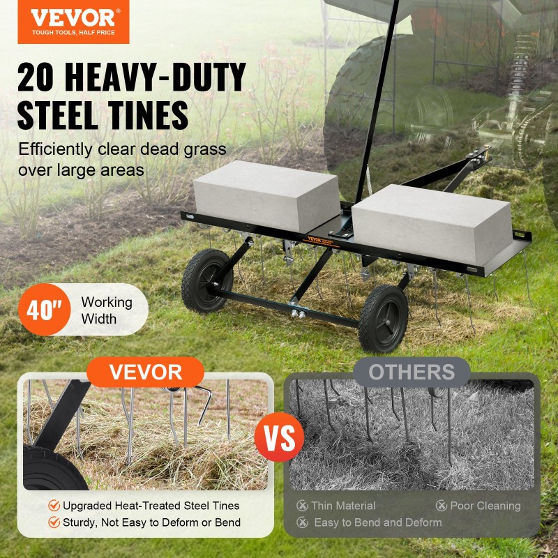 VEVOR Tow Behind Dethatcher, 40 ιντσών Row Dethatcher με 20 Spring Steel Tines, Lawn Dethatcher Rake για ATV ή Mower, Tow Behind Lawn Rake with Lift Handle for Garden Farm Grass