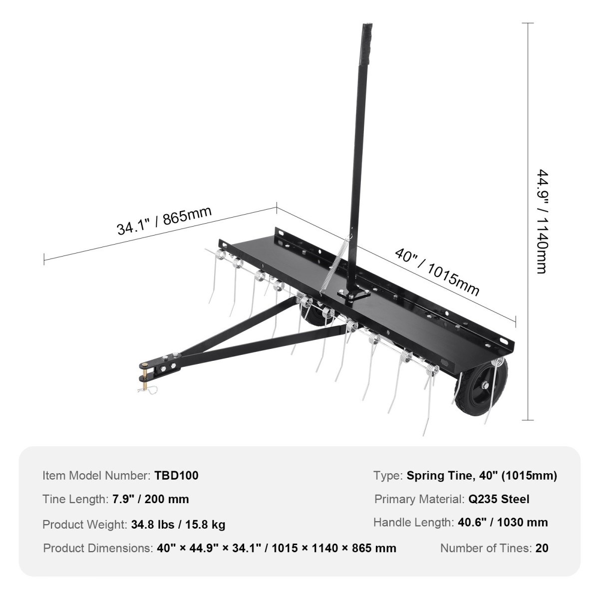VEVOR Tow Behind Dethatcher, 40 ιντσών Row Dethatcher με 20 Spring Steel Tines, Lawn Dethatcher Rake για ATV ή Mower, Tow Behind Lawn Rake with Lift Handle for Garden Farm Grass