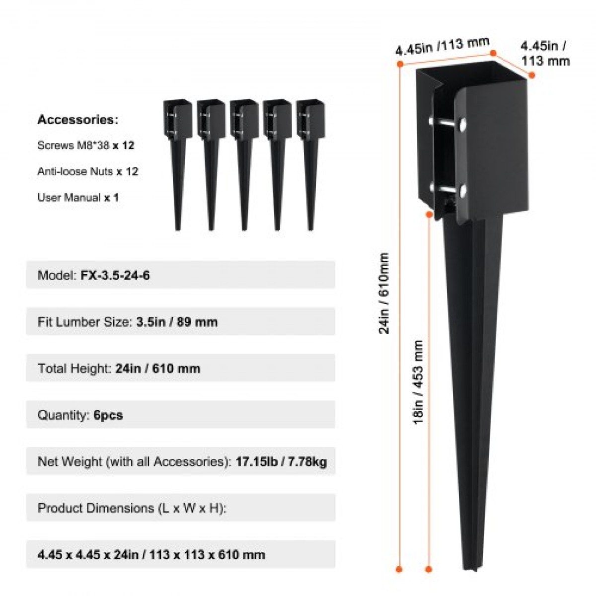 VEVOR Fence Post Anchor Ground Spike, 6 πακέτο 24 x 4 x 4 ίντσες εξωτερική διάμετρος (εσωτερική διάμετρος 3,5 x 3,5 ίντσες), μεταλλική μαύρη σκόνη με επίστρωση πάσσαλου, για κιγκλίδωμα κήπου κατάστρωμα γραμματοκιβωτίου