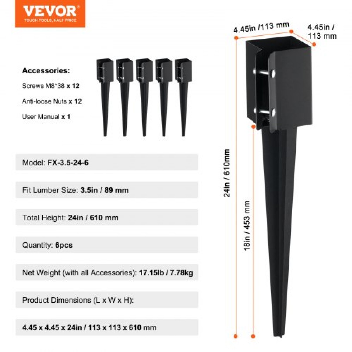 VEVOR Fence Post Anchor Ground Spike, 6 πακέτο 24 x 4 x 4 ίντσες εξωτερική διάμετρος (εσωτερική διάμετρος 3,5 x 3,5 ίντσες), μεταλλική μαύρη σκόνη με επίστρωση πάσσαλου, για κιγκλίδωμα κήπου κατάστρωμα γραμματοκιβωτίου