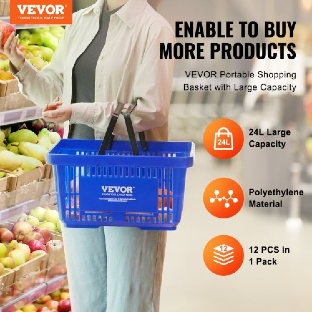 VEVOR Shopping Basket Portable Grocery Basket 12PCS 24L with Handle & Stand Blue