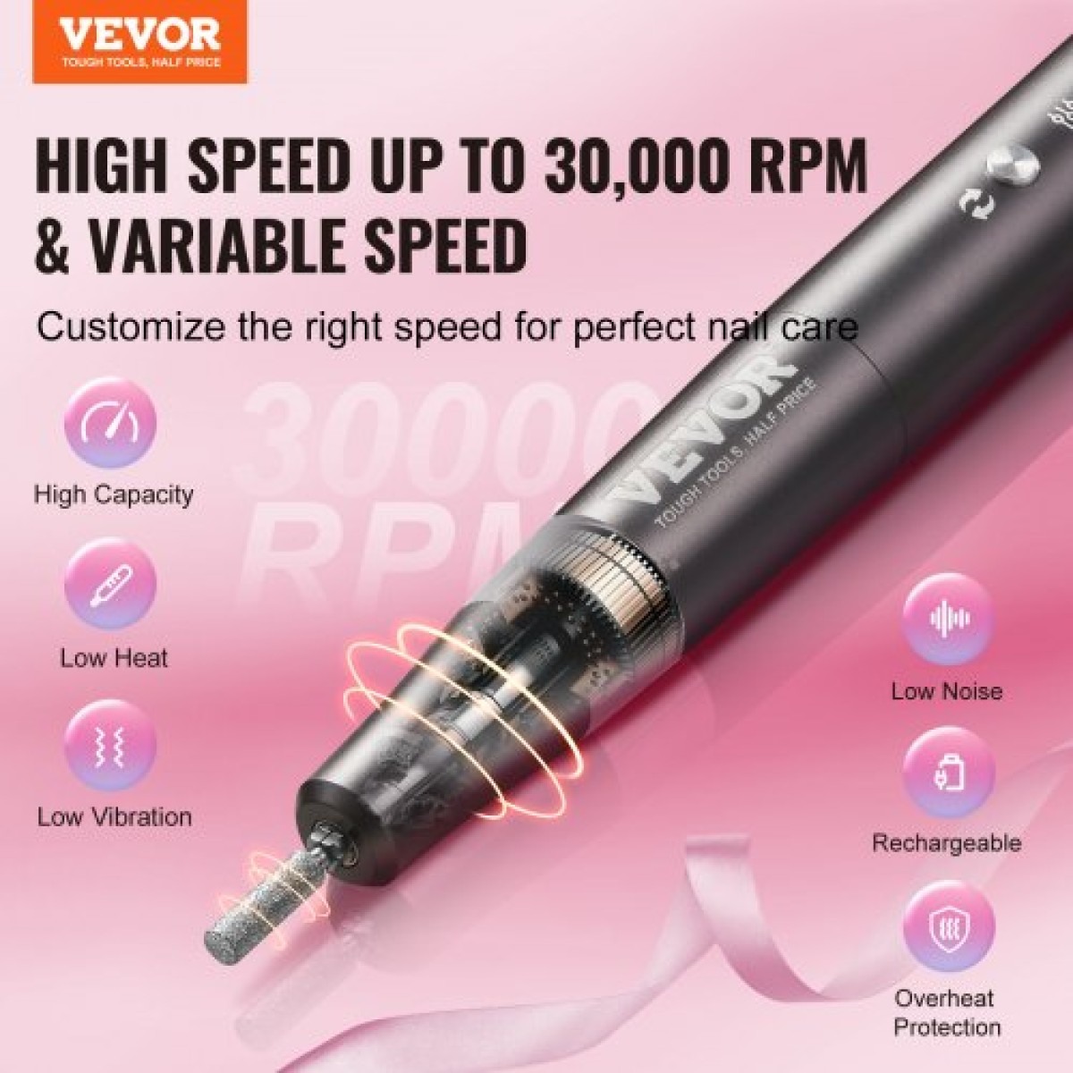 VEVOR Electric Cordless Nail Drill, 30.000 RPM επαναφορτιζόμενη μηχανή νυχιών E λίμας μεταβλητής ταχύτητας, φορητό γυαλιστικό μανικιούρ πεντικιούρ με 50 τεμ.