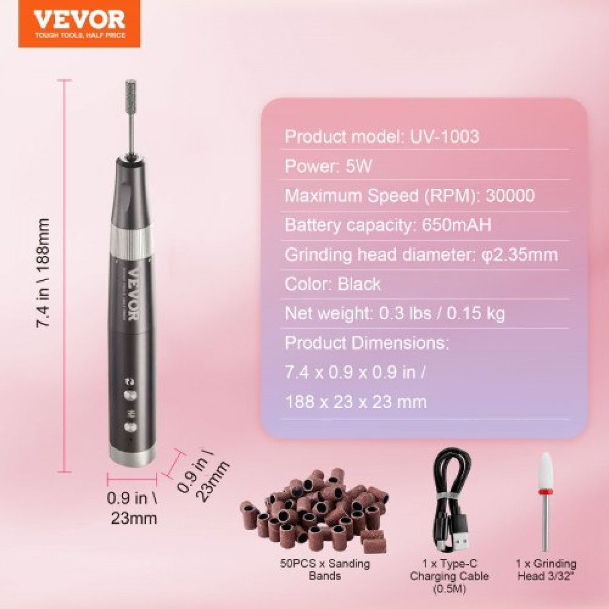 VEVOR Electric Cordless Nail Drill, 30.000 RPM επαναφορτιζόμενη μηχανή νυχιών E λίμας μεταβλητής ταχύτητας, φορητό γυαλιστικό μανικιούρ πεντικιούρ με 50 τεμ.