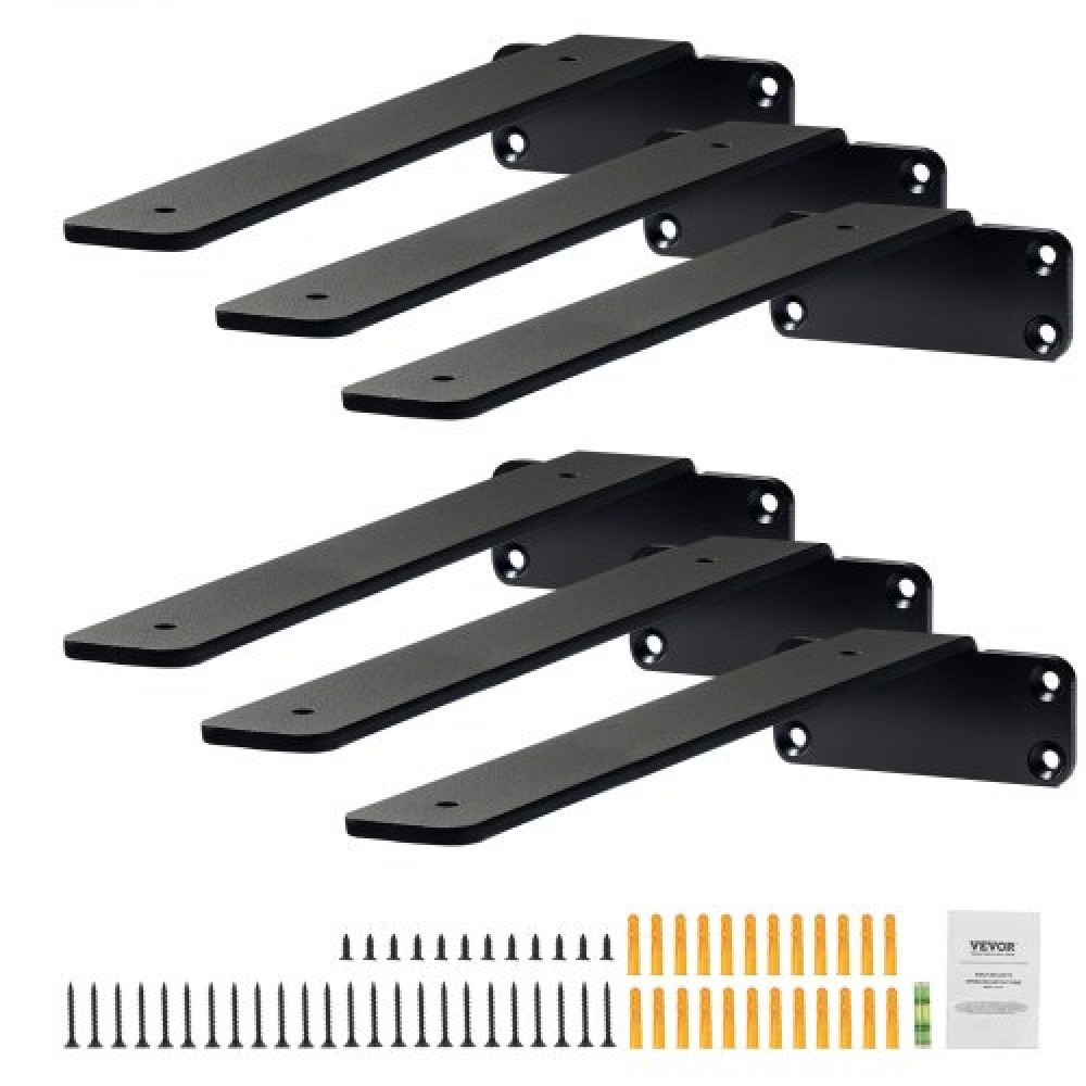VEVOR Shelf Bracket, 10”L x 4”W x 1.6”H, 6 Pcs Heavy Duty Floating Shelf Brackets, Brackets for Shelves, 5mm Thick Matte Black L Shelf Bracket,Steel Shelving Brackets with 160 lbs Load Capacity