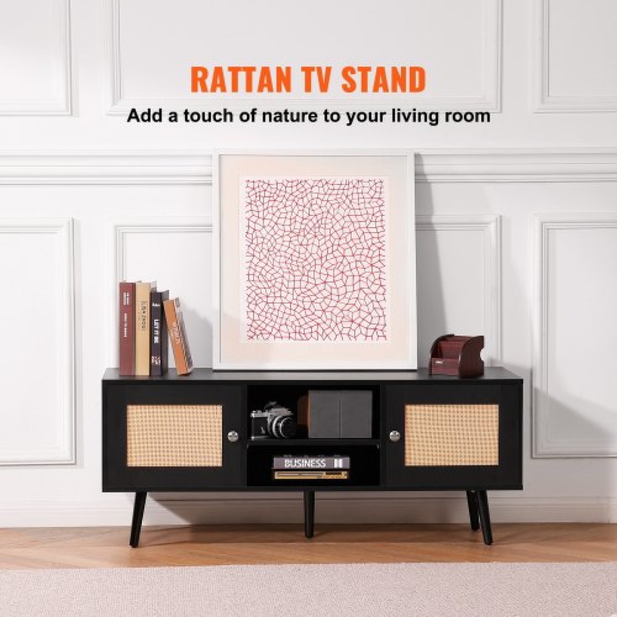Βάση τηλεόρασης VEVOR Rattan, Ντουλάπι τηλεόρασης Boho για τηλεόραση 55 ιντσών, μοντέρνα βάση τηλεόρασης Mid Century, Κονσόλα τηλεόρασης Rattan με ρυθμιζόμενα ράφια για το σαλόνι, Media Room, Μαύρο