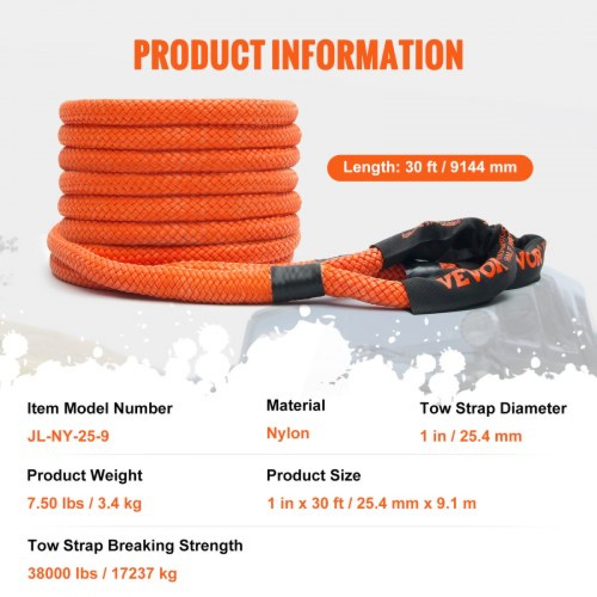 VEVOR 1" (2,54 cm) x 30'/9,1 m Kinetic Recovery Tow Rope 38.000 lbs/17.237,5 kg, Heavy-Duty Off Road Snatch Strap, Extreme Duty 30% Elasticity Energy Snatch Strap for Jeep Car SuV Truck ATV